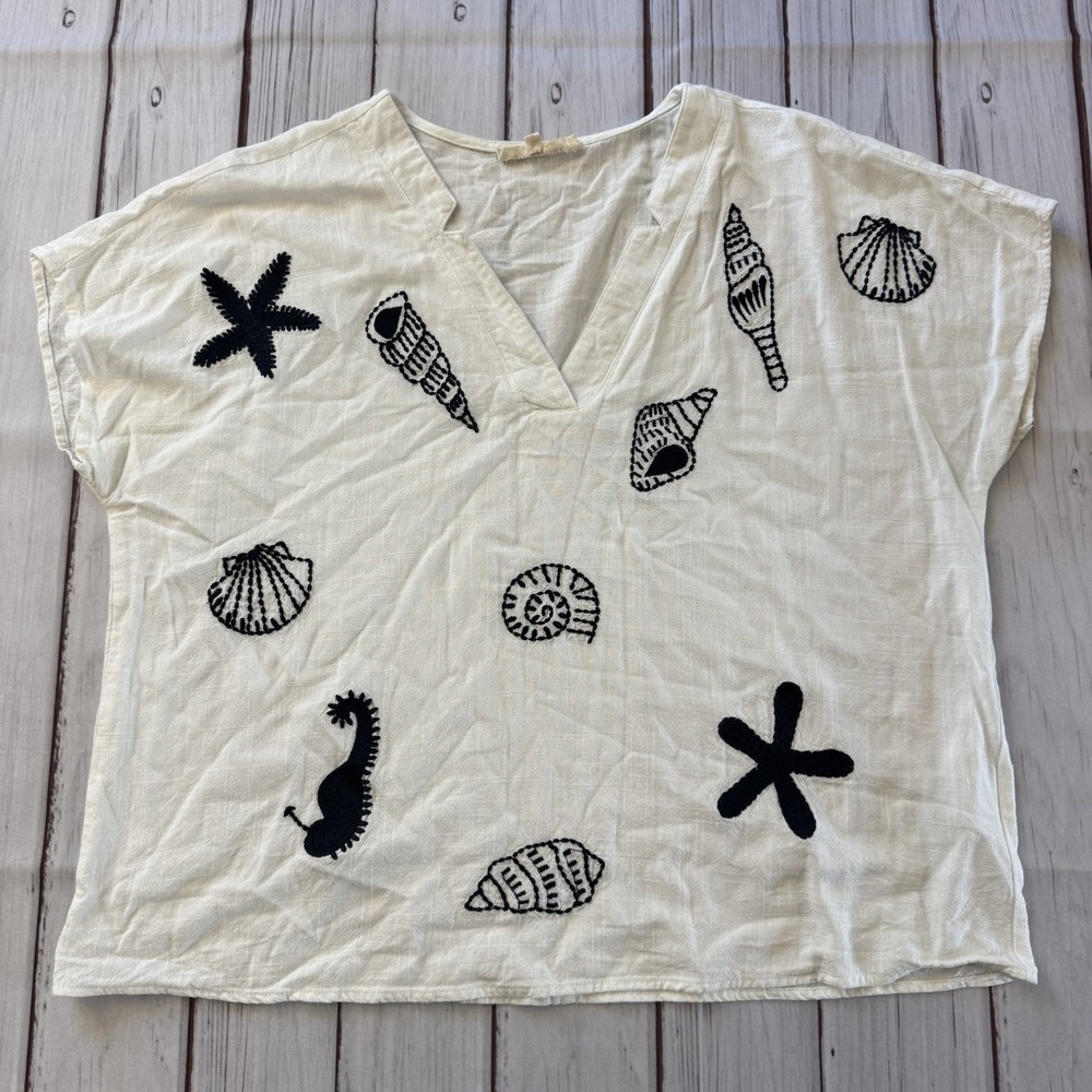 Solitaire Seashell Embroidered Linen Blend Blouse Large Beach Coastal Top‎